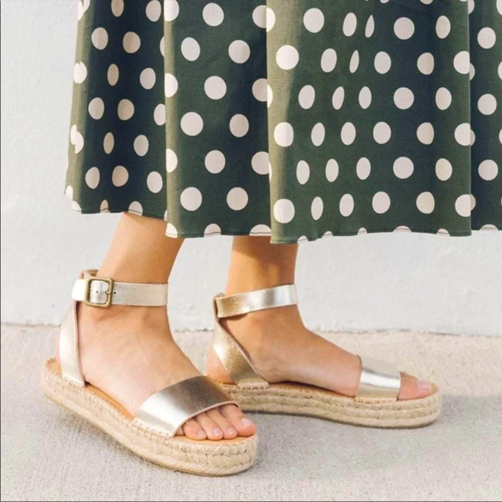 SOLUTOS Cadiz Leather Gold Espadrilles platform ankle Sandals size 6